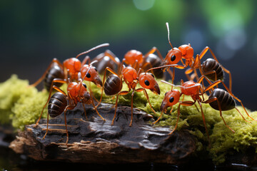 Sticker - A group of ants working together in an office setting, demonstrating teamwork and organization in the animal kingdom. Generative Ai.