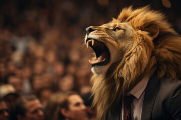 Poster - a lion as a motivational speaker, addressing a room full of animal attendees, highlighting the role 