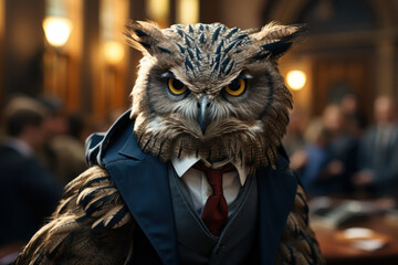 Poster - a wise owl as a business professor, imparting knowledge to younger animal students. generative ai.