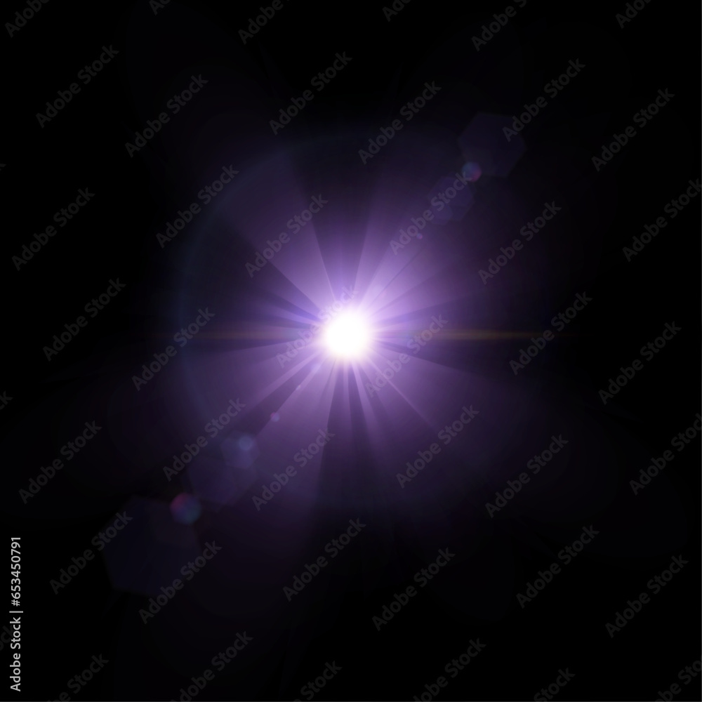 Glow of a blue-violet star on a transparent background. Flash of light, sun, flicker. Vector for web design and illustrations.