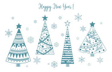 Wall Mural - Set of Christmas trees and snowflakes. Winter forest. Vector set or holiday card. Isolated design objects on a white background.