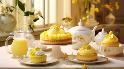 Poster -  a table topped with yellow cupcakes next to a tea pot.  generative ai