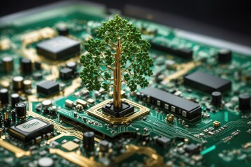 Poster - Tree growing on the converging point of computer. ai generative