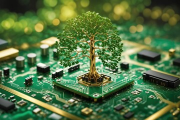 Poster - Tree growing on the converging point of computer. ai generative