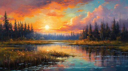 Wall Mural - sunrise over the river country side painting panorama nature - by generative ai