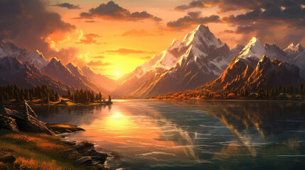 Wall Mural - mountain peak sunset landscape lake reflection - by generative ai