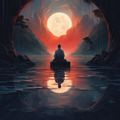 Wall Mural - meditation in the lotus position sunset zen spiritual - by generative ai