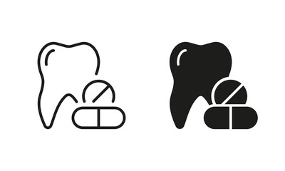 Wall Mural - Dental Painkillers. Teeth and Pills Silhouette and Line Icons Set. Tooth Pharmacy Medicine Pictogram. Tablet for Oral Disease. Dental Treatment Black Symbol Collection. Isolated Vector Illustration