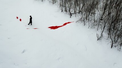 Wall Mural -  a person walking in the snow with a red substance on the ground.  generative ai