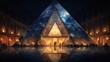  a pyramid shaped building with people walking around it at night.  generative ai