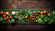 Assorted vegetables on a wooden background, seen from above. AI generated