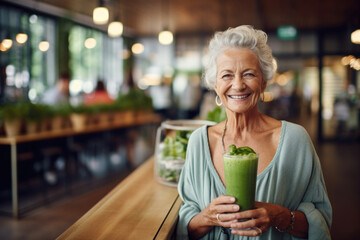 Happy senior woman drinking healthy green juice or smoothie in cafe.