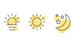 Time of the day signs. Moon icon. Sun symbol. Night, day signs. Rising and setting sun, crescent moon and stars, day and night time symbol. Collection of rising or setting sun, crescent moon and stars
