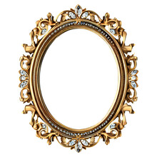 Antique Stylish Round Oval Golden And Diamonds, Picture Mirror Frame On White, Transparent Background