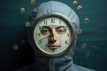 Wall Mural - A clock head person, a metaphor for the way time can be a burden or a blessing