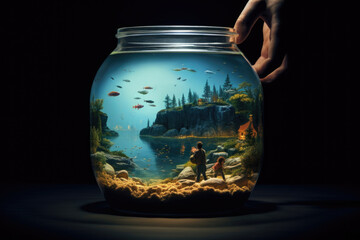 Saving the world concept. A jar in which fish swim and a magnificent view of the shore of the reservoir, trees and people