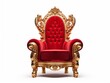 Golden luxury throne with red velvet cushion, gold royal chair isolated on white