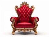 Fototapeta  - Golden luxury throne with red velvet cushion, gold royal chair isolated on white