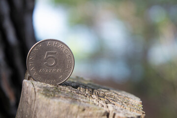 Wall Mural - Greek five drachmes coin on natural wooden log background