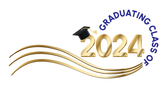 White background - Graduating Class of 2024 in blue text in a circle around the year. 2024 is in Gold text. A Graduation cap with a gold tassel sits on top of the year. Wavy golden lines accent.