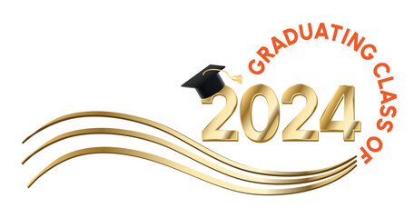 White background - Graduating Class of 2024 in orange text in a circle around the year. 2024 is in Gold text. A Graduation cap with a gold tassel sits on top of the year. Wavy golden lines accent.