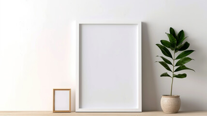 Mock- up poster frame in modern interior background, 3d render. White frame mock up with plant in pot on wooden table and white wall.