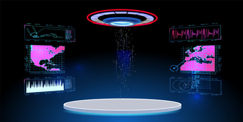 Poster - Sci-fi empty pedestal with HUD interface in cyberpunk style for UI, games, GUI and product presentation. HUD interface.  3D podium with cyberspace. Vector mockup