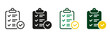 © Toxa2x2 - Clipboard with Checkmark Line and Silhouette Icon Set. Approved Form Black and Color Pictogram. File with Check Mark, Accepted Report Symbol Collection. Checklist Sign. Isolated Vector Illustration