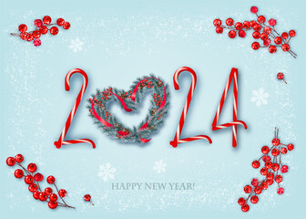 Poster - Merry Christmas and Happy New Year background with a 2024, Branches of Christmas Tree the shape of a heart and red berries. Vector