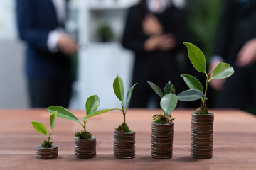 Organic money growth investment concept shown by stacking piles of coin with sprout or baby plant on top. Financial investments rooted and cultivating wealth in harmony with nature. Quaint