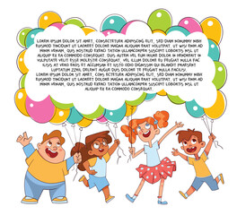 Wall Mural - Kids holding balloons. Child template for your design. Colorful cartoon characters. Funny vector illustration. Isolated on white background