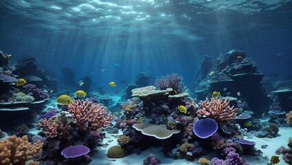 Wall Mural - Beautiful fantasy colorful coral reef with fishes. Natural habitat and environment protection concept. Summer travel and tropic idea. With copy space.