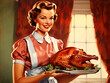 radiant 1950s homemaker showcasing freshly cooked thanksgiving turkey