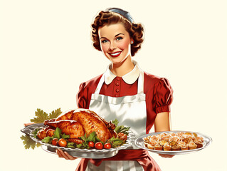 cheerful 1950s hostess presenting a thanksgiving turkey and a side dish