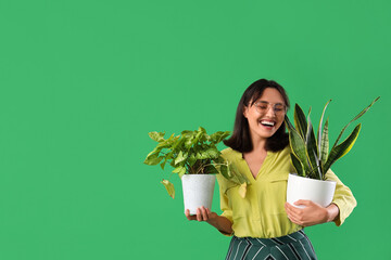 Sticker - Young woman with plants on green background