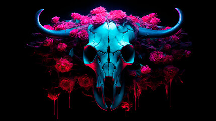 Still life of a cattle skull with roses surrounding it