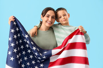 Sticker - Little boy and his mother with USA flag on blue background. Veterans Day celebration