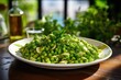 This shot captures a wholesome salad, composed of nutty and chewy fava beans, paired with crunchy green peas. The vibrant salad is garnished with fresh herbs and drizzled with a zesty vinaigrette,