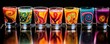 © Justlight - An upclose image focusing on a rather playful arrangement of milkfilled shot glasses, each adorned with a colorful swirl of flad syrups, enticing the viewer to take a sip and embark on a