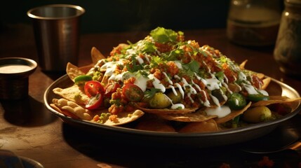 A tempting shot showcasing a traditional Indian street food, papri chaat, where crisp chickpea flour crackers are generously layered with tangy tamarind chutney, y green chutney, yogurt,