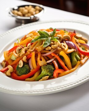 This visually appealing image showcases a plate of colorful stirfried vegetables, subtly adorned with the crunchy goodness of cashew nuts, which add both flavor and texture.