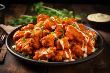 A spectacular shot captures a platter of cauliflower buffalo wings, featuring bitesized florets coated in a flavorful, tangy sauce. The wings are baked until crispy and then generously drenched