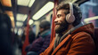 Potrait of young man listening to music inside a train.