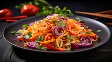 A Visually Striking Shot Capturing A Bowl Filled With A Colorful Mix Of Spiralized Carrots, Thinly Sliced Red Cabbage, And Crunchy Julienned Bell Peppers, Lightly Dressed With A Tangy Sesame