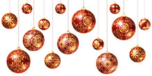 Christmas Baubles, Transparent PNG Design Elements. 3D Render. Red And Gold.