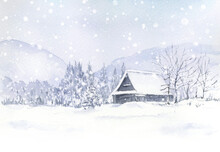 雪の中の茅葺の家　雪景色の水彩画