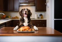 A Funny Happy Dog With Paws Up On The Kitchen Counter To Eat A Fresly Roasted Thanksgiving Holiday Turkey