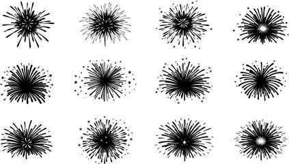 Wall Mural - set of firework icons. fireworks with stars and sparks .firework simple black line icons.