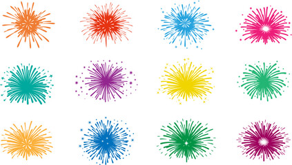 Wall Mural - Set of colorful firework icons. Fireworks with stars and sparks .Firework simple multicolored line icons.