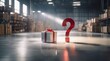 A big red question mark next to a white christmas present and boxes standing in the corner of an empty warehouse  with a sepia look, beautiful blurry hidden light indoor background. AI generated.